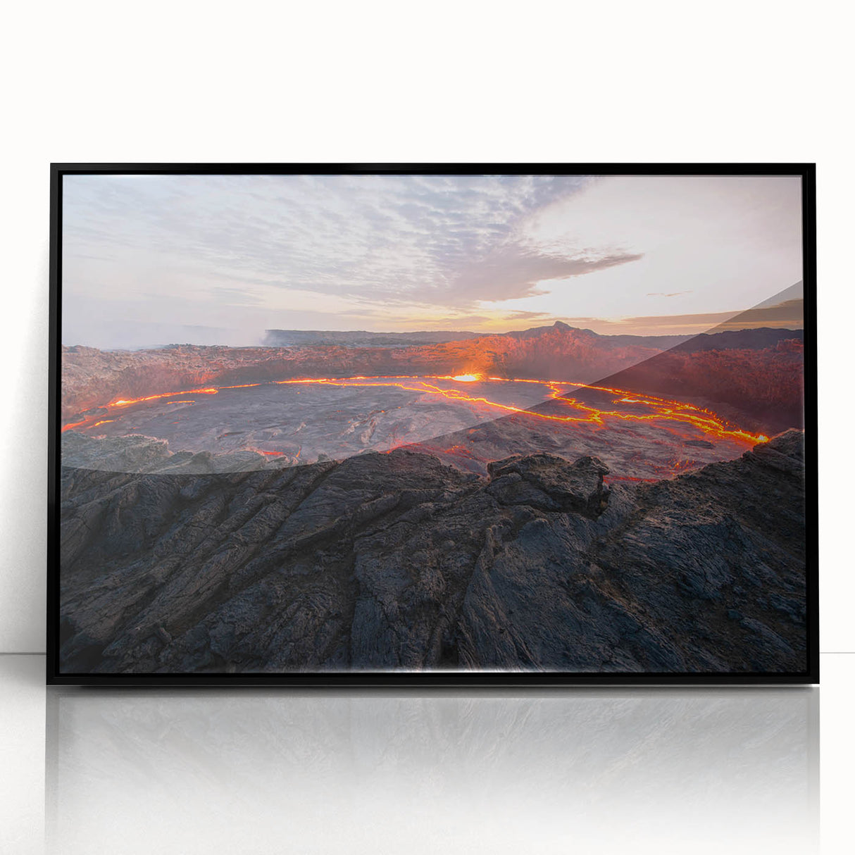 Framed acrylic wall art showcasing a vibrant volcano landscape design in a black frame, perfect for adding a striking focal point to modern home decor. The artwork captures rich colors and dynamic textures, ideal for nature enthusiasts and art lovers alike.