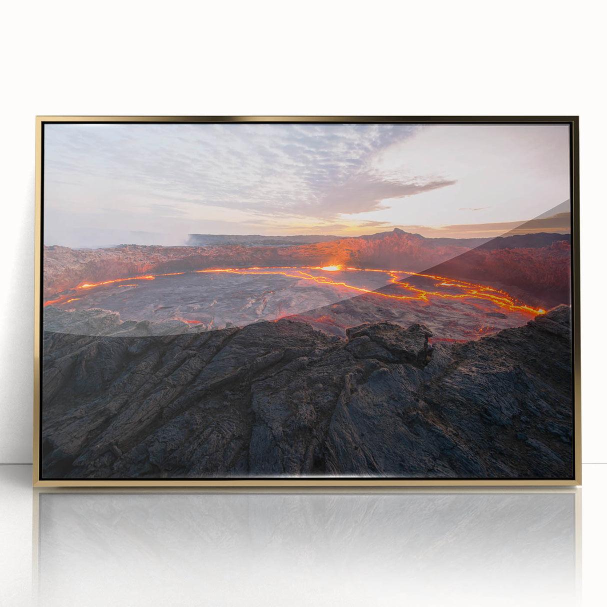 Framed acrylic wall art featuring a striking volcano landscape design with gold accents, ideal for adding a touch of elegance to modern home decor.