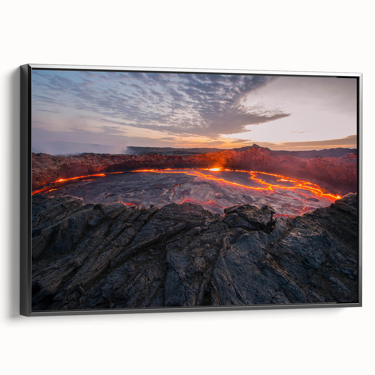 Framed canvas artwork showcasing a vibrant volcano landscape design, featuring rich colors and dramatic details, perfect for enhancing any modern living space.