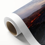 Vibrant rolled canvas featuring a stunning landscape of an erupting volcano, showcasing bold colors and dynamic textures, ideal for home decor.