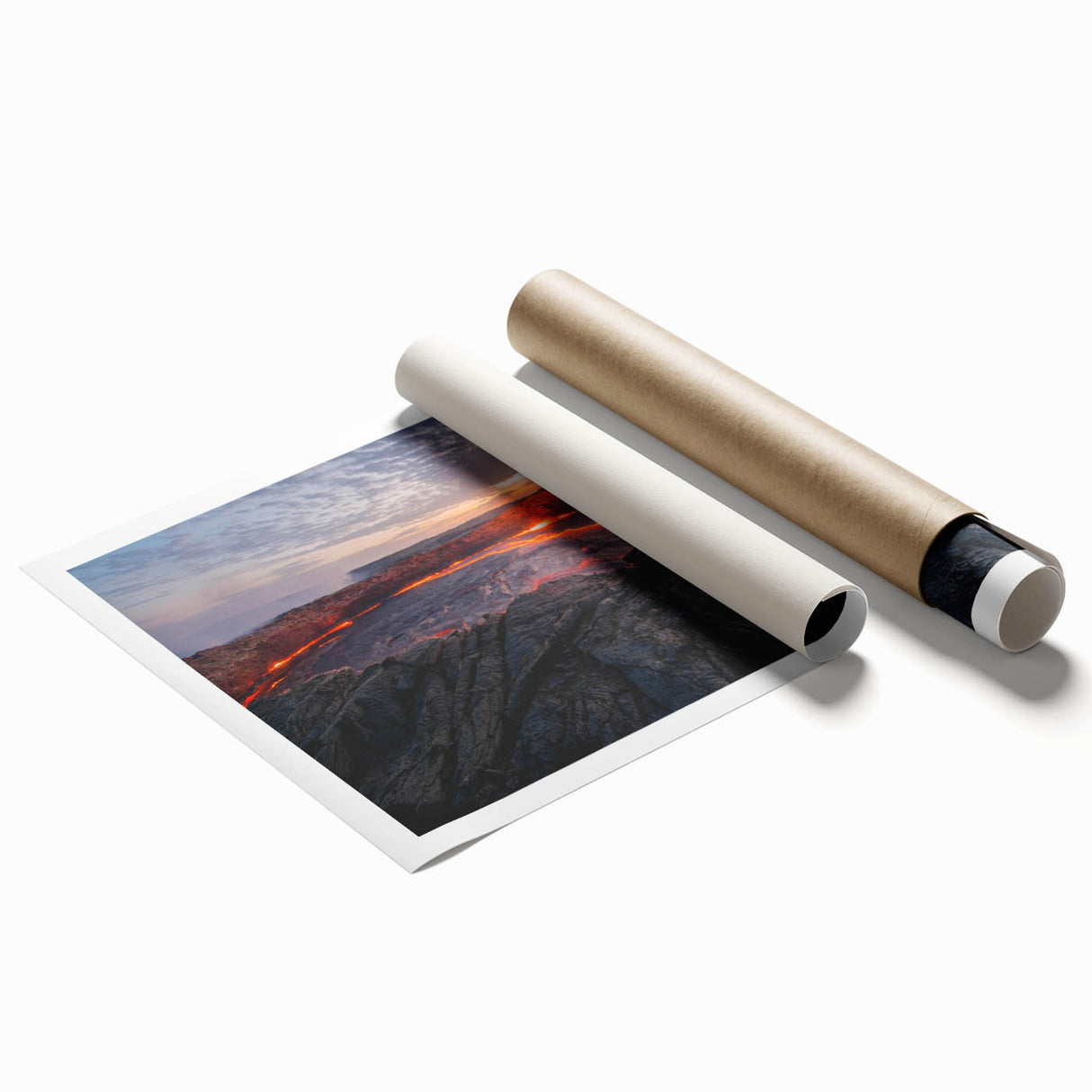 Vibrant rolled print of a stunning volcano landscape design, showcasing rich colors and dramatic textures, perfect for home decor or art enthusiasts.