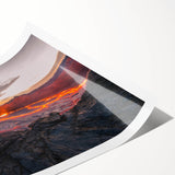 Vibrant rolled print showcasing a stunning volcano landscape design with rich colors and intricate details, perfect for home decor or art collection.