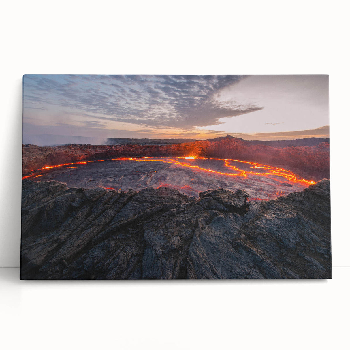 Stretched canvas wall art showcasing a vibrant volcano landscape design, featuring rich colors and dramatic textures, perfect for enhancing modern home decor.