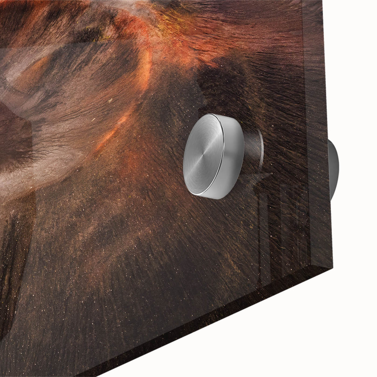 Close-up of a vibrant acrylic glass wall art piece depicting a colorful volcano landscape, showcasing rich textures and bold hues, perfect for home decor.