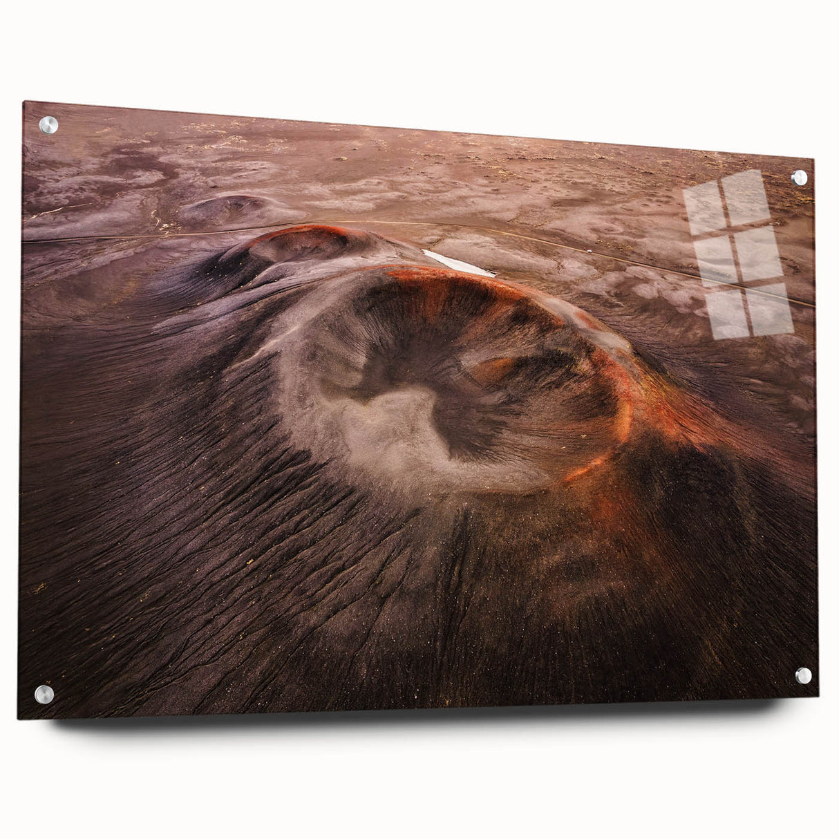 Acrylic glass wall art depicting a vibrant volcano landscape with a striking color palette, showcasing intricate details and textures, designed for modern decor.