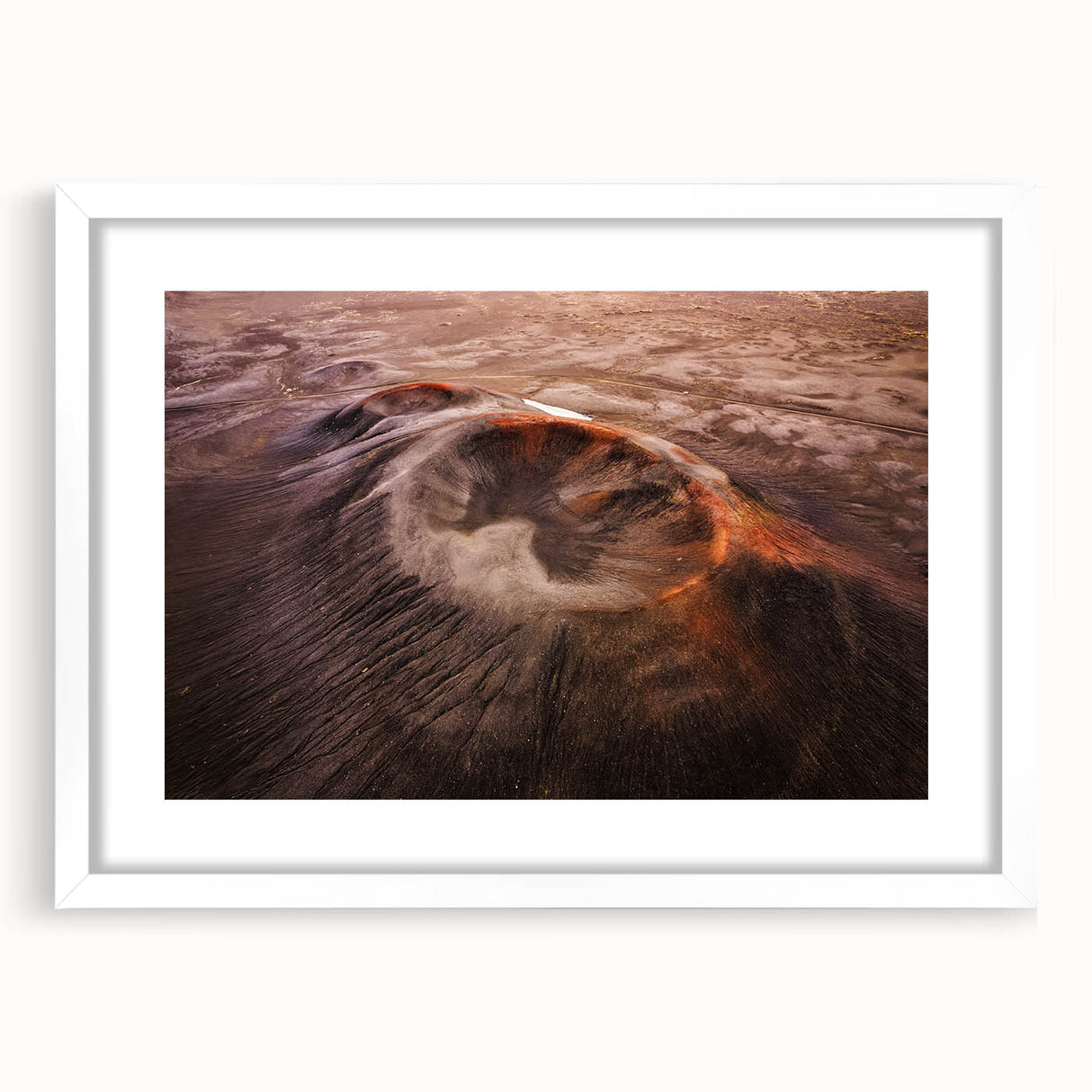 Elegant framed wall art showcasing a stunning volcano landscape design with a white mat, perfect for home decor and art enthusiasts seeking a vibrant touch.
