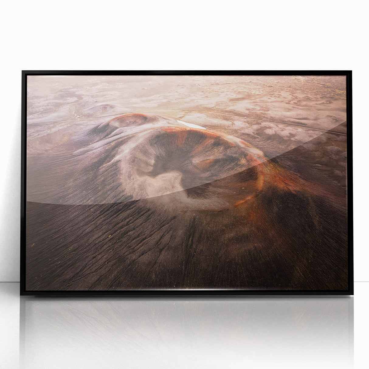 Framed acrylic wall art featuring a stunning volcano landscape design with vibrant colors, black frame, and a modern aesthetic, ideal for home decor.