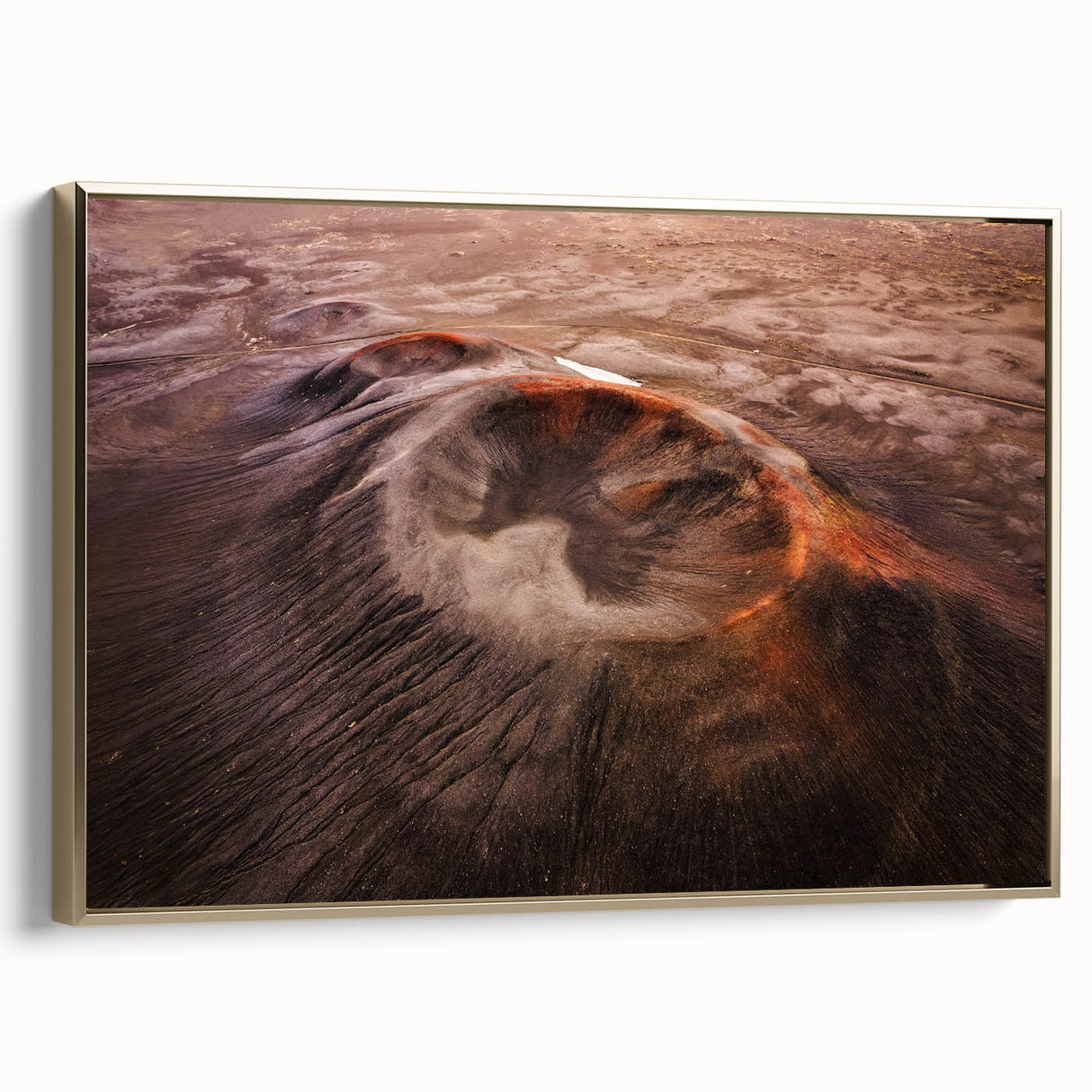 Framed canvas wall art showcasing a striking volcano landscape design, with vibrant colors and a gold frame, perfect for modern home decor.