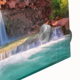 Close-up of a vibrant acrylic glass wall art piece featuring a cascading waterfall surrounded by lush greenery, ideal for home decor and nature enthusiasts.
