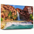 Acrylic glass wall art showcasing a serene waterfall landscape design, elegantly displayed from a side view with metallic pins, perfect for modern decor. This vibrant piece captures the essence of nature, ideal for enhancing living spaces or offices.