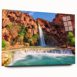 Acrylic glass wall art featuring a stunning landscape of cascading waterfalls surrounded by lush greenery, showcasing vibrant colors and intricate details. Perfect for enhancing modern home decor.