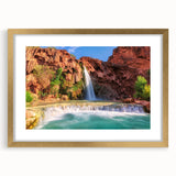 Framed wall art collection showcasing a stunning waterfall landscape design with a gold mat and frame, perfect for enhancing home decor aesthetics.