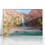 Framed acrylic wall art featuring a vibrant waterfall landscape design, set in a sleek white frame, ideal for enhancing modern home decor. Perfect for nature lovers seeking serene beauty in their living space.