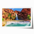 Vibrant landscape wall art print showcasing a serene waterfall surrounded by lush greenery, ideal for home decor. Rolled for easy framing and display.