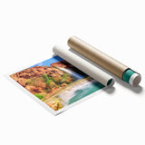Stunning rolled print of a serene waterfall landscape, featuring vibrant blues and greens, perfect for home decor. Ideal for nature lovers and art enthusiasts.