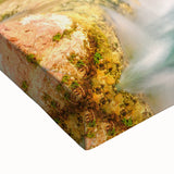 Close-up of a stretched canvas artwork showcasing a vibrant waterfall landscape, with detailed textures and rich colors, perfect for home decor and nature enthusiasts.