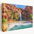 Stretched canvas artwork depicting a serene waterfall landscape design, showcasing vibrant colors and intricate details, ideal for home decor enhancement.
