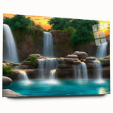 Acrylic glass wall art showcasing a vibrant waterfall landscape, featuring rich greens and blues, displayed from a side view without pins, perfect for home decor.