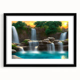 Framed wall art showcasing a serene waterfall landscape with vibrant colors, set against a sleek black frame. Ideal for enhancing home decor with nature-inspired elegance.