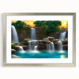 Framed wall art collection showcasing a stunning waterfall landscape design, featuring a silver mat and frame, perfect for home decor and nature enthusiasts.