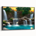 Framed canvas wall art showcasing a serene waterfall landscape with vibrant colors and intricate details, viewed from the side, ideal for home decor.
