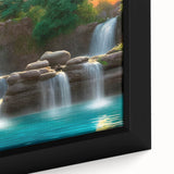 Close-up of a framed canvas wall art featuring a serene waterfall landscape design, showcasing vibrant blues and greens, perfect for enhancing home decor.