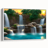 Framed wall art featuring a stunning landscape of cascading waterfalls, designed with vibrant colors and intricate details, displayed against a white backdrop.