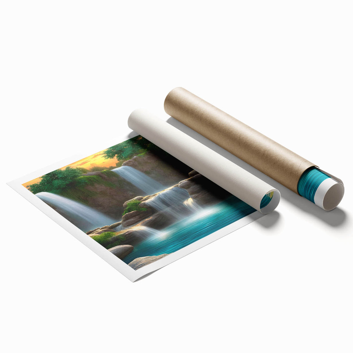 Lush landscape waterfall wall art print showcasing vibrant blues and greens, rolled for easy shipping, ideal for home decor enthusiasts seeking nature-inspired designs.