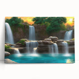 Stretched canvas wall art showcasing a vibrant landscape waterfall design, featuring lush greenery and cascading water, perfect for home décor in modern settings. Ideal for nature enthusiasts and art lovers.