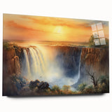 Acrylic glass wall art collection showcasing a vibrant landscape waterfall design, displayed from a side view, emphasizing its sleek edges and clear colors, perfect for modern decor.