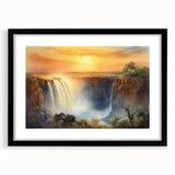 Framed wall art featuring a serene landscape with cascading waterfalls, set in a sleek black frame and matting, perfect for home decor that evokes tranquility.
