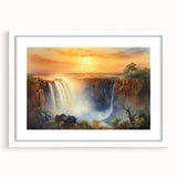 Framed wall art showcasing a stunning landscape waterfall design with vibrant colors, featuring a white mat and sleek frame, ideal for home decor.