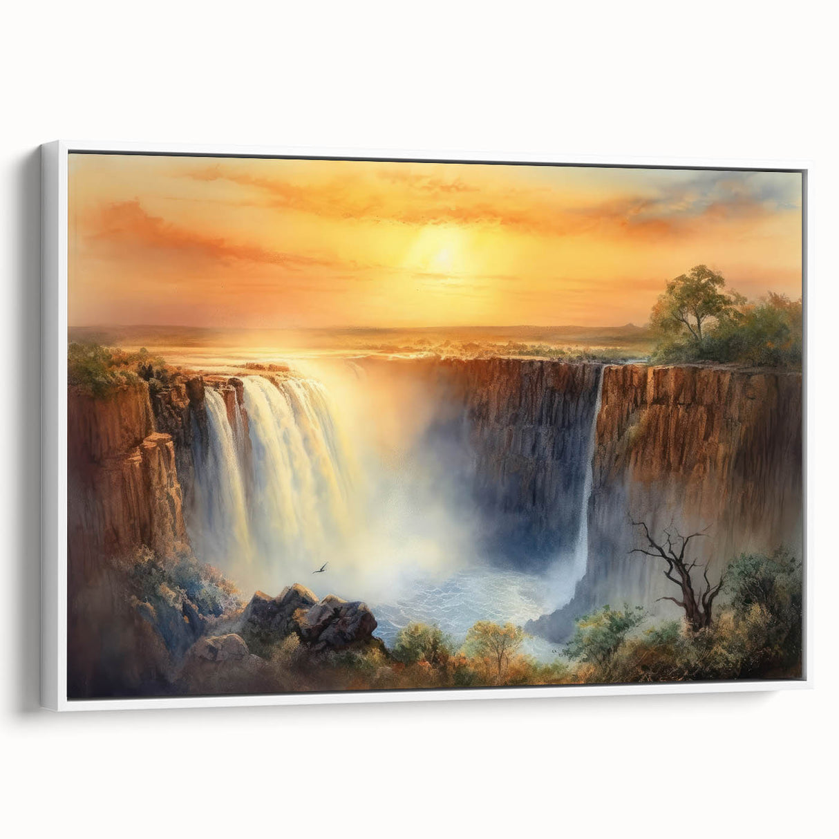 Framed canvas wall art showcasing a stunning waterfall landscape design, featuring vibrant colors and intricate details, perfect for enhancing home decor.