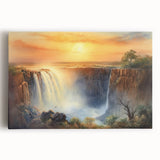 Stretched canvas wall art showcasing a vibrant waterfall landscape with lush greenery and a serene atmosphere, perfect for enhancing home decor and creating a calming ambiance.