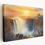 Stretched canvas artwork showcasing a vibrant waterfall landscape. The design features lush greenery and cascading water, ideal for home decor or office spaces.