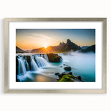 Framed wall art featuring a stunning waterfall landscape design with silver matting, perfect for enhancing home decor aesthetics and bringing a calming nature vibe.