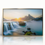 Framed wall art showcasing a stunning waterfall landscape design, featuring vibrant colors and a sleek gold frame, ideal for enhancing home decor aesthetics.