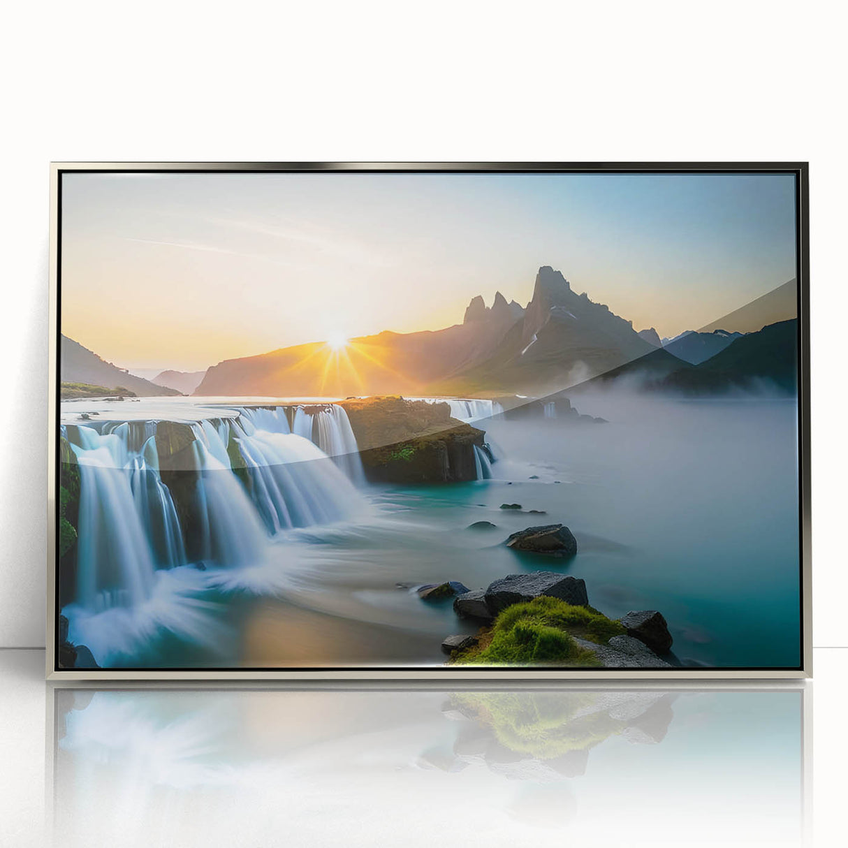Framed wall art featuring a stunning waterfall landscape design in vibrant colors, with a sleek silver frame, perfect for enhancing home decor and creating a serene ambiance.