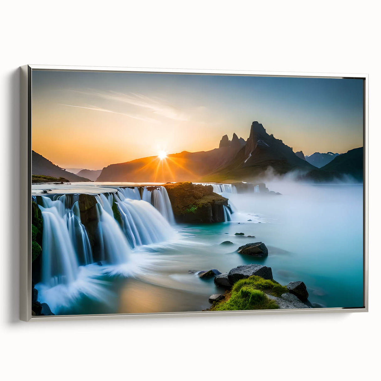 Framed canvas wall art showcasing a stunning waterfall landscape with vibrant colors, silver frame accentuating the serene scene, perfect for home decor.