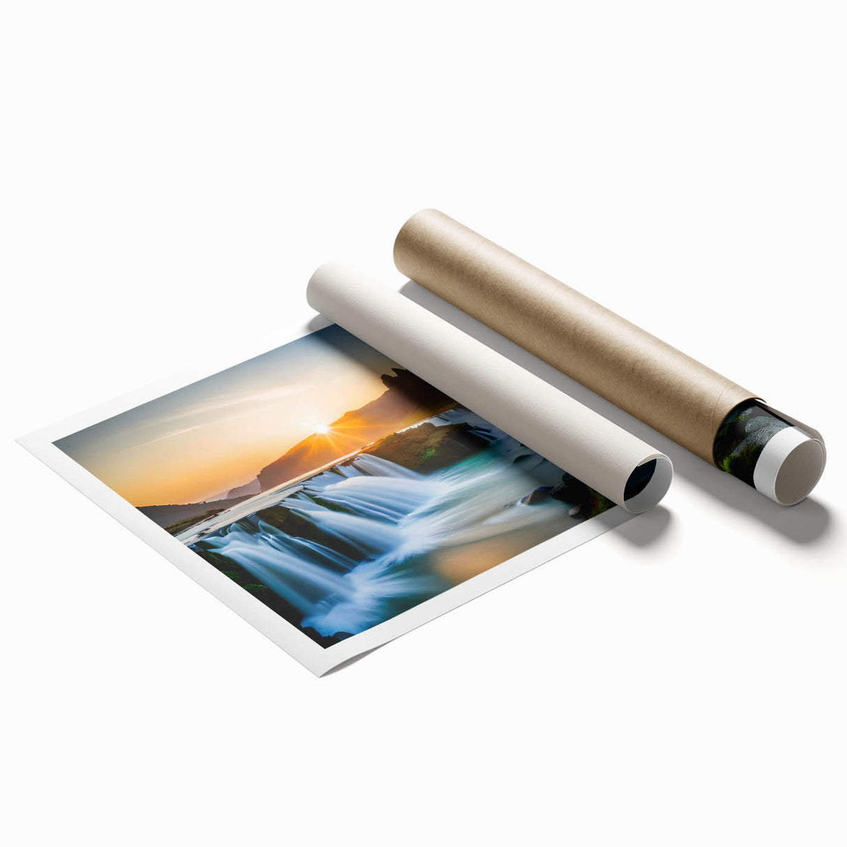 Vibrant landscape waterfall wall art design showcasing cascading water and lush greenery, printed on high-quality paper, ideal for home decor and art enthusiasts.