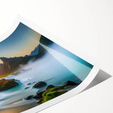 Stunning rolled print of a vibrant waterfall landscape wall art design, showcasing rich colors and intricate details, ideal for home decor and enhancing interior aesthetics.