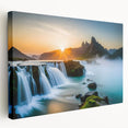 Stretched canvas wall art showcasing a vibrant waterfall landscape design, featuring lush greenery and cascading water, perfect for enhancing home decor.