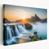 Stretched canvas wall art showcasing a vibrant waterfall landscape design, featuring lush greenery and cascading water, perfect for enhancing home decor.