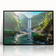 Framed acrylic wall art featuring a vibrant waterfall landscape design, showcasing lush greenery and cascading water, set in a sleek black frame for modern decor.