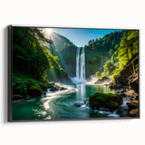 Framed canvas wall art featuring a serene waterfall landscape design with vibrant blue and green hues, showcased from a black side view. Perfect for nature lovers.
