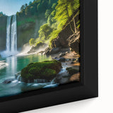 Framed canvas artwork showcasing a stunning close-up of a vibrant waterfall landscape design, featuring rich blues and greens, ideal for home decor.