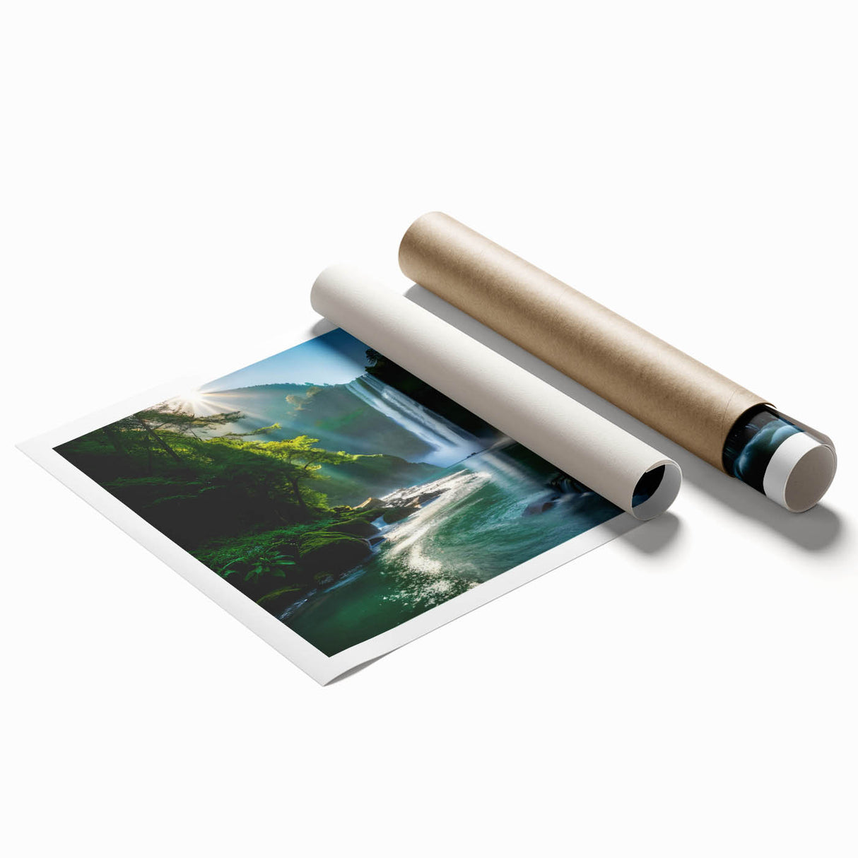 Vibrant wall art print showcasing a stunning waterfall landscape, featuring lush greenery and cascading water, rolled for easy shipping and display. Perfect for nature lovers seeking home decor that brings tranquility and beauty to any space.