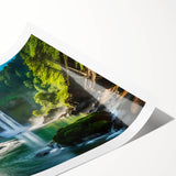 Stunning wall art print showcasing a serene waterfall surrounded by lush greenery, ideal for enhancing home decor with nature-inspired themes.