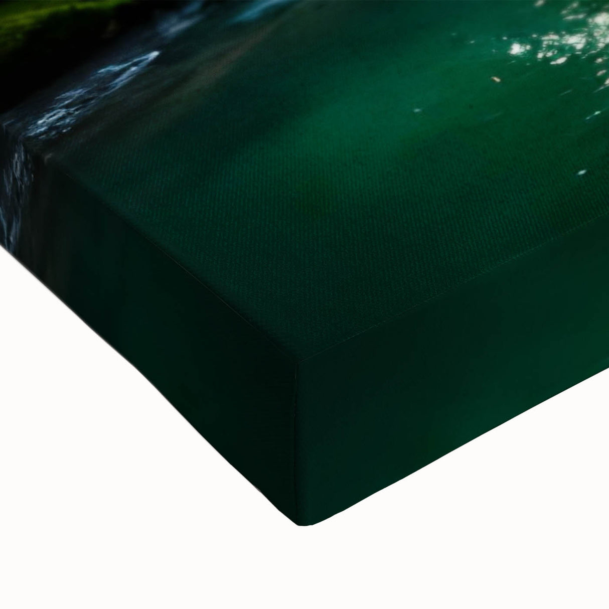 Close-up of a vibrant stretched canvas depicting a stunning waterfall landscape, showcasing cascading water in rich blues and greens, perfect for nature-themed decor.