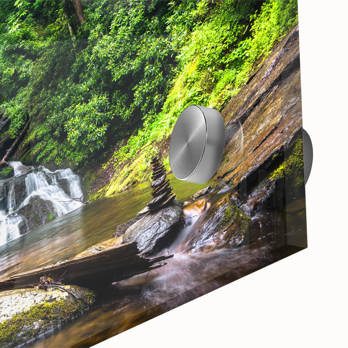 Close-up of a vibrant acrylic glass wall art piece depicting a serene waterfall landscape, showcasing intricate details and vivid colors, perfect for home decor.
